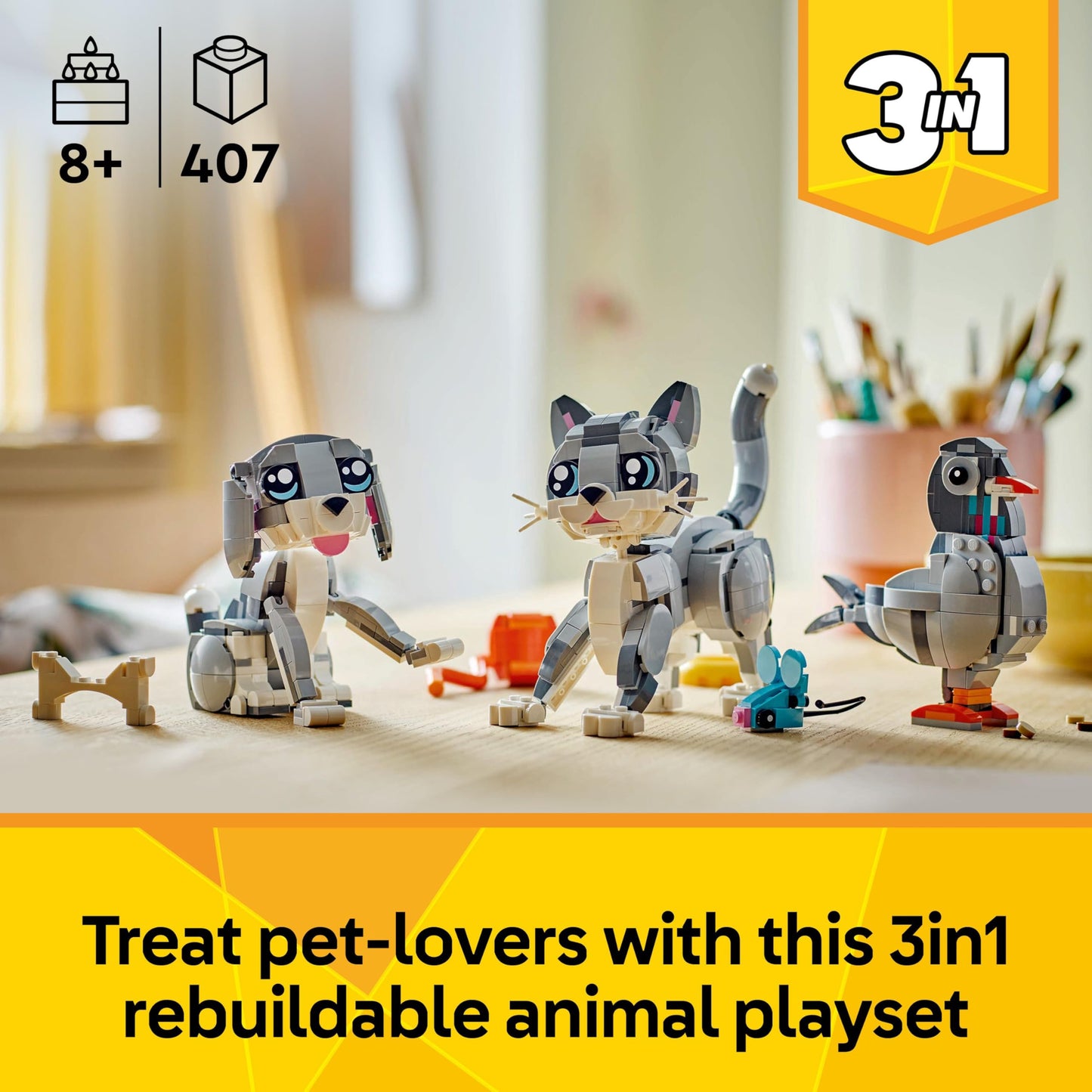 LEGO Creator 3in1 playful cat toy set featuring a cat figure that transforms into a pigeon and pet dog model.