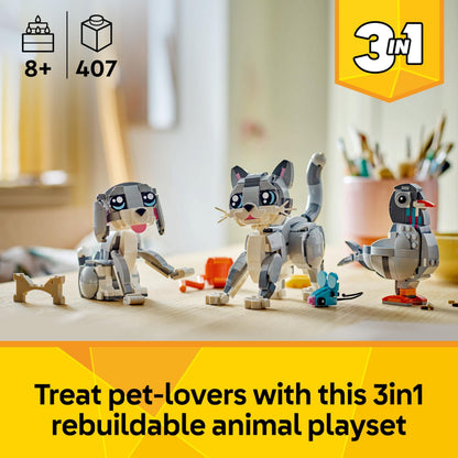 LEGO Creator 3in1 playful cat toy set featuring a cat figure that transforms into a pigeon and pet dog model.