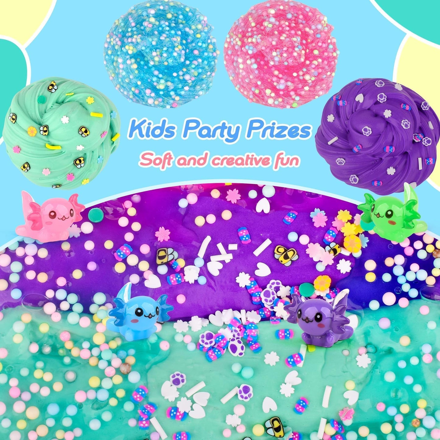 Four-pack axolotl fluffy slime kit with butter and clear slime, featuring charms, in pink, blue, purple, and green for kids and party favors.