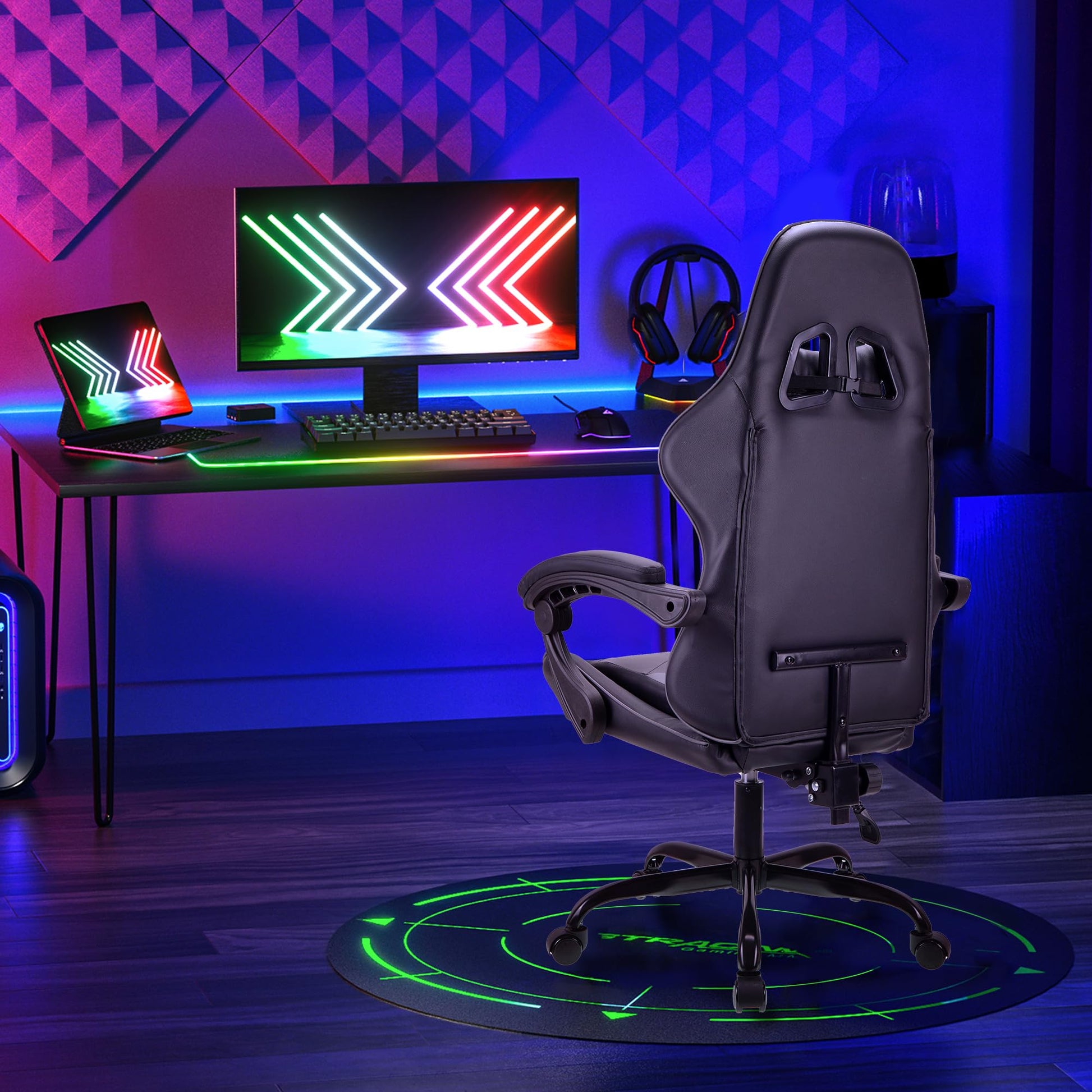 Gray T-THREE ergonomic high-back gaming chair with adjustable lumbar and headrest, swivel design, suitable for office and gaming use