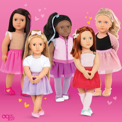 Our Generation 18-inch Cambi doll with red hair, blue eyes, butterfly-themed outfits, and styling accessories in a gift box.