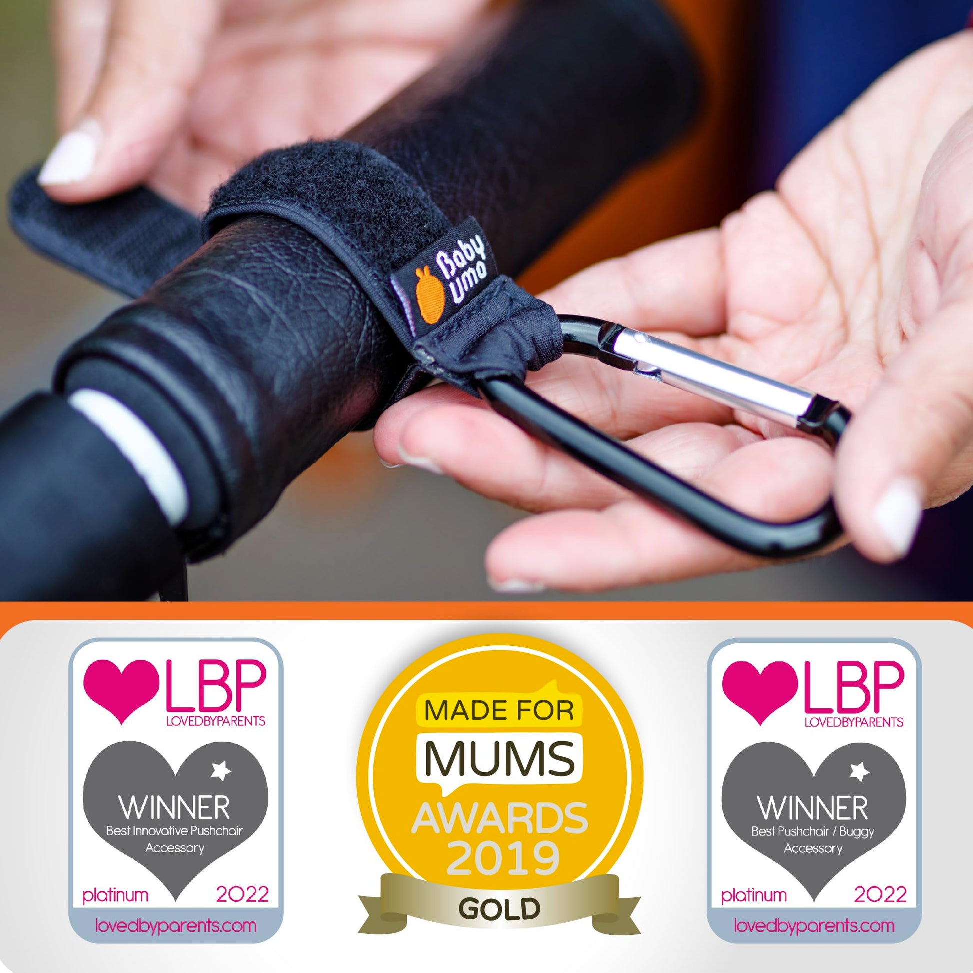 Baby Uma Baby Buggy Clips with non-slip design, 5kg capacity, and universal pram accessories for secure stroller attachment.
