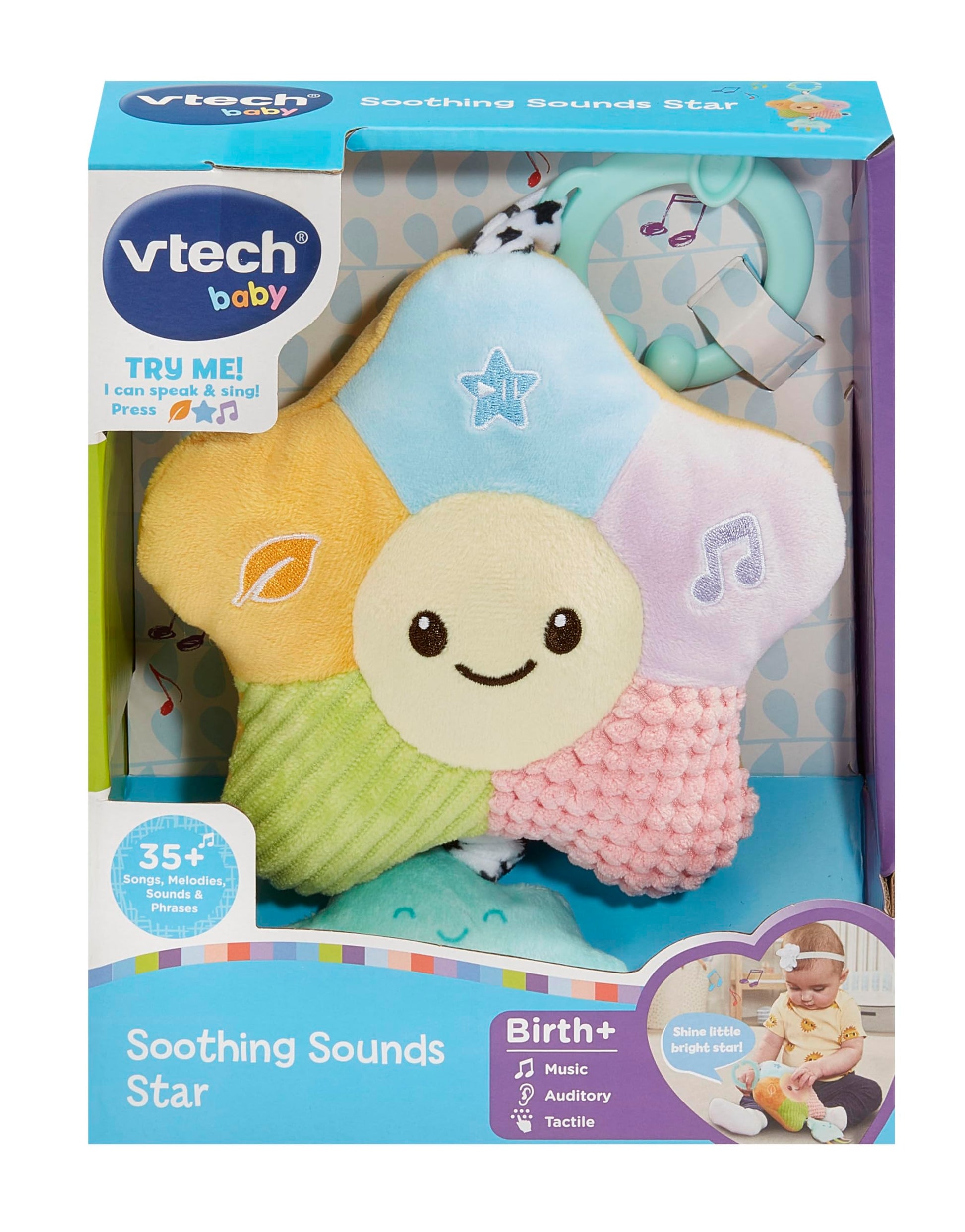 VTech Baby Soothing Sounds Star sensory toy with colorful textures, calming nature sounds and songs for infants 0-6 months.