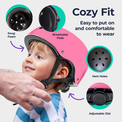 Niftii Kids Helmet with Pads - Adjustable Multi-Sport Complete Safety Gear for Cycling, Skateboarding & Scooting, Ideal for Boys & Girls Ages 3-15 Kids Bike Helmet Set, Pink