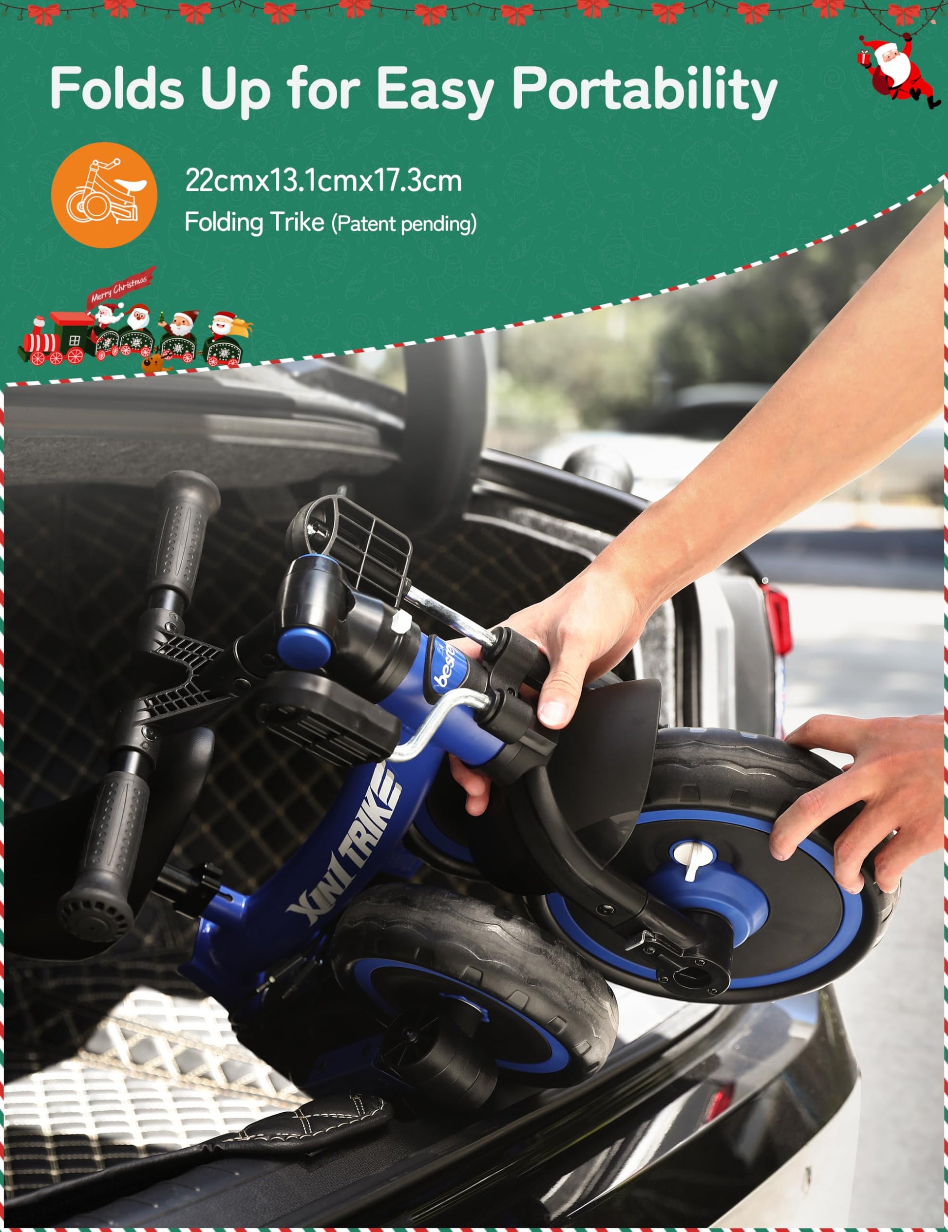 besrey 5-in-1 toddler tricycle in blue with adjustable seat, removable pedals, and parent steering push handle.
