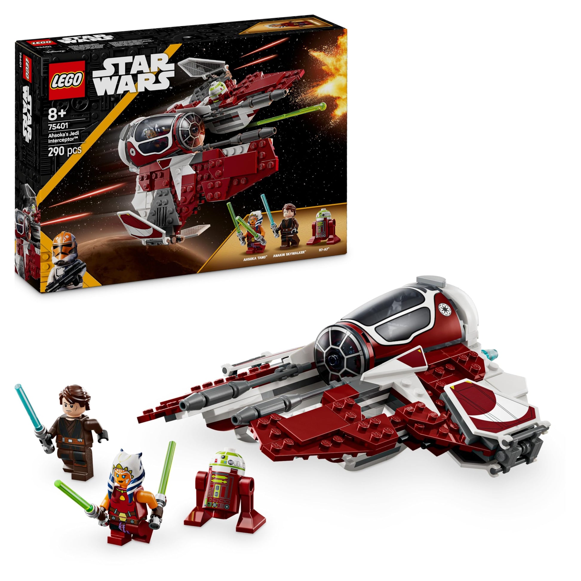 LEGO Star Wars Ahsoka's Jedi Interceptor with Anakin minifigure, R7-A7 Droid, and lightsabers on display.