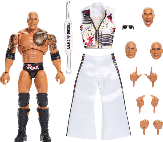 Mattel WWE Ultimate Edition Action Figure & Accessories Set, The Rock Final Boss 6-inch Collectible with Swappable Heads & Hands, 30 Articulation Points, JKD32