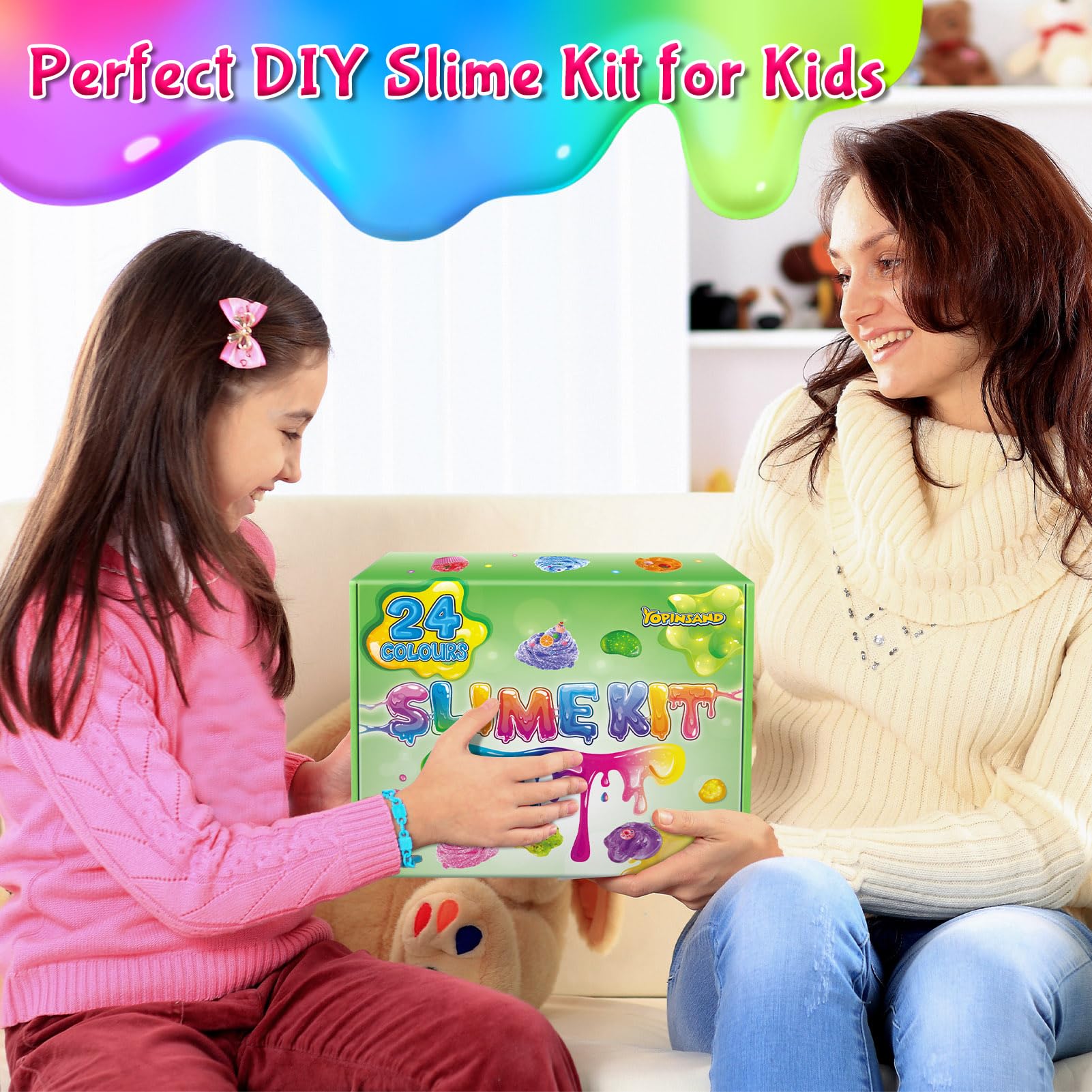 24-pack DIY slime kit by YOPINSAND featuring premade clear slime, foam balls, glitter, and add-ins for kids ages 3-12.