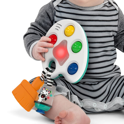 Baby Einstein color palette popper sensory fidget toy for infants age 6 months and up, with colorful popper buttons and soft textures.