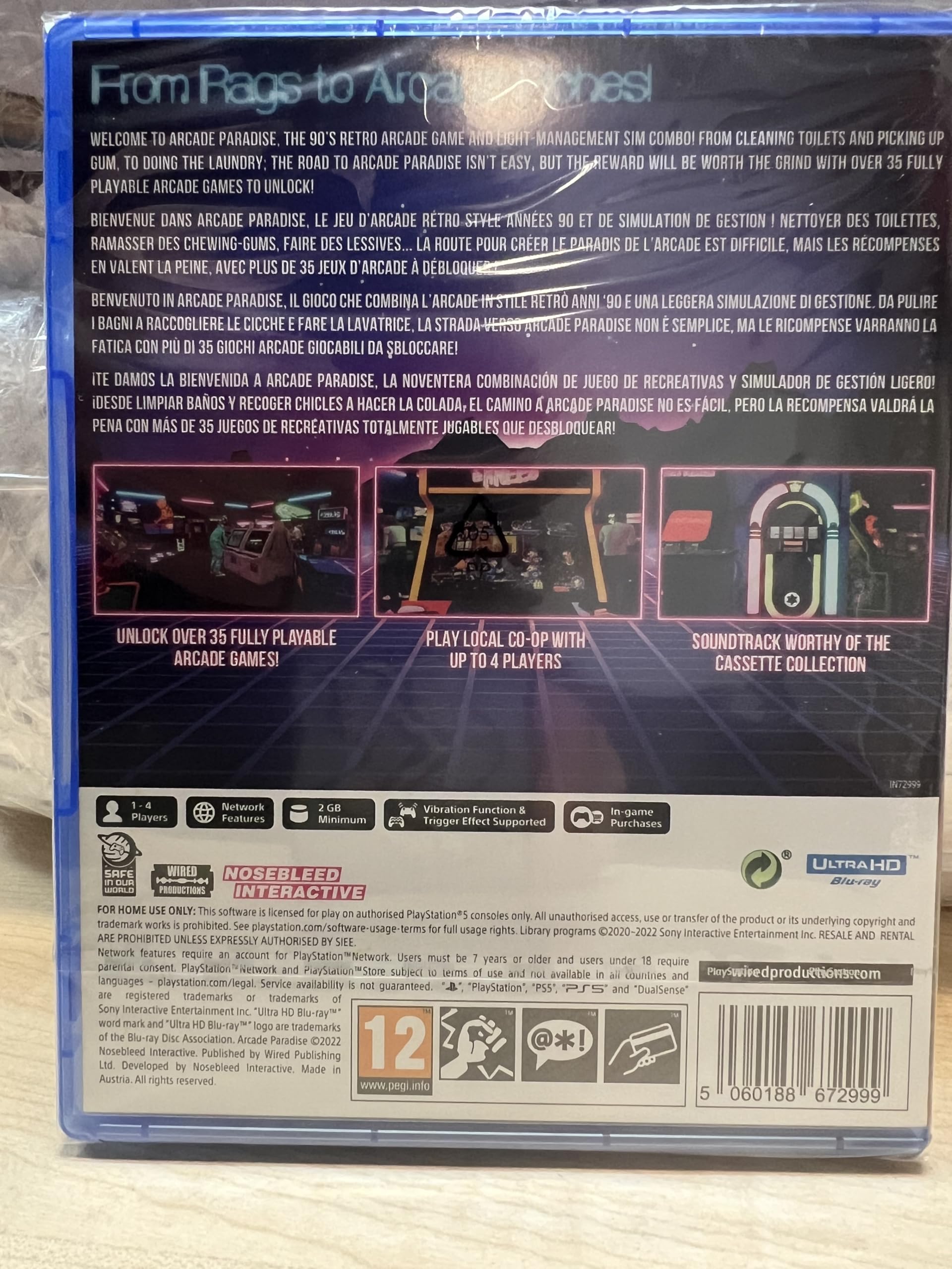 PS5 arcade game titled Arcade Paradise by Wired Productions, showing vibrant game artwork on the PlayStation 5 console.