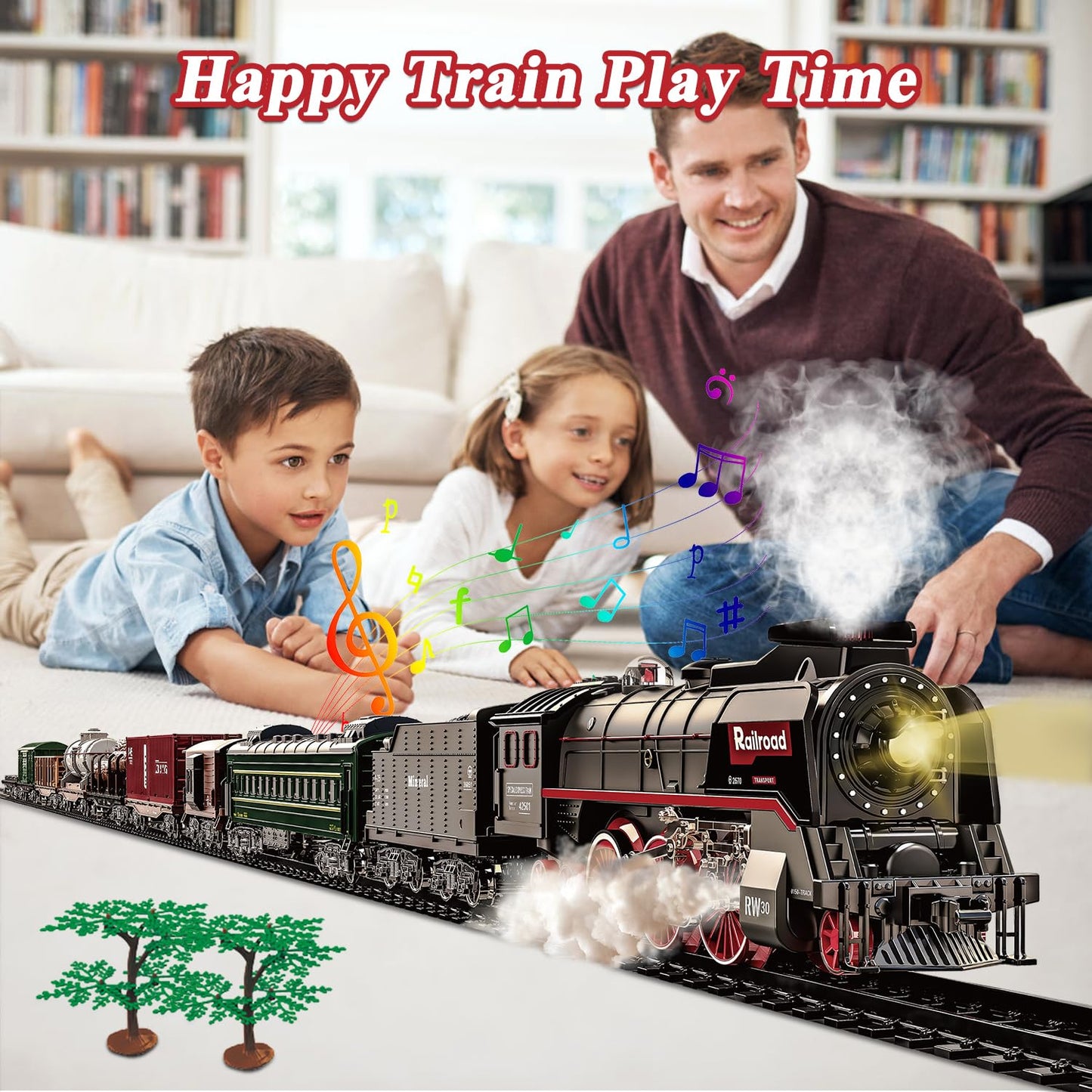 Hitish Train Set for Kids, Electric Train Toys with Realistic Light Sounds Smoke, Christmas Train Model Gifts for Toddlers Boys Girls, Steam Locomotive, Luxury Track & 2 Glowing Passenger Carriages