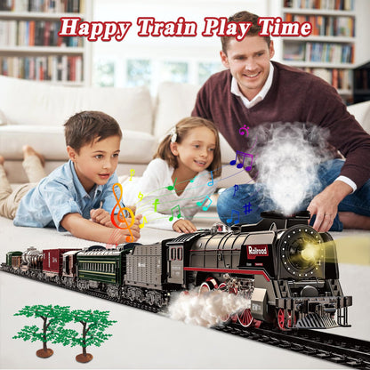 Hitish Train Set for Kids, Electric Train Toys with Realistic Light Sounds Smoke, Christmas Train Model Gifts for Toddlers Boys Girls, Steam Locomotive, Luxury Track & 2 Glowing Passenger Carriages