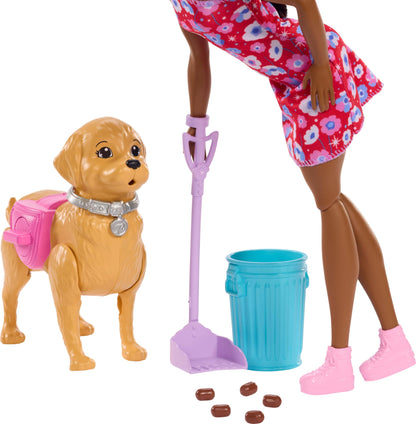 Barbie Walk & Potty Pup Toy Set with walking toy dog, Brooklyn doll, pooper scooper, and pet accessories.