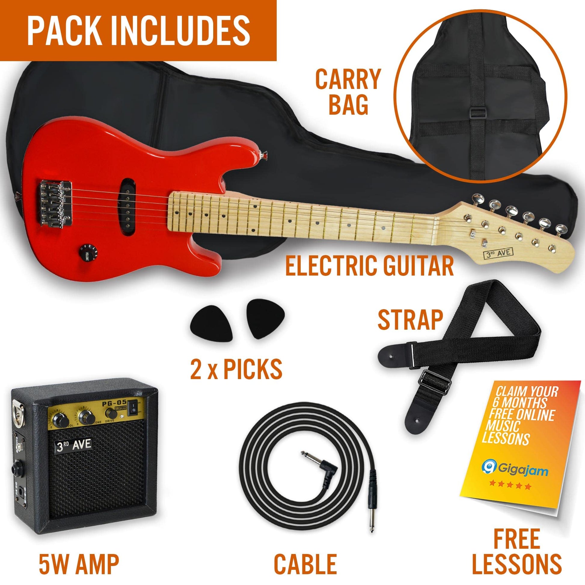 3rd Avenue 1/4 size kids electric guitar pack in red with portable 5W amp, cable, bag, picks, and strap for young beginners.