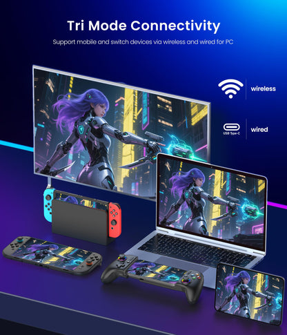 Fanxieast handheld Switch 2 Pro controller with full-size wireless design, RGB lighting, turbo, vibration, and hall effect joystick grip.
