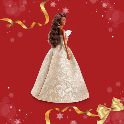 Barbie Signature 2025 Holiday Black Hair Fashion Doll in silver and gold gown, displayed in collectible packaging.
