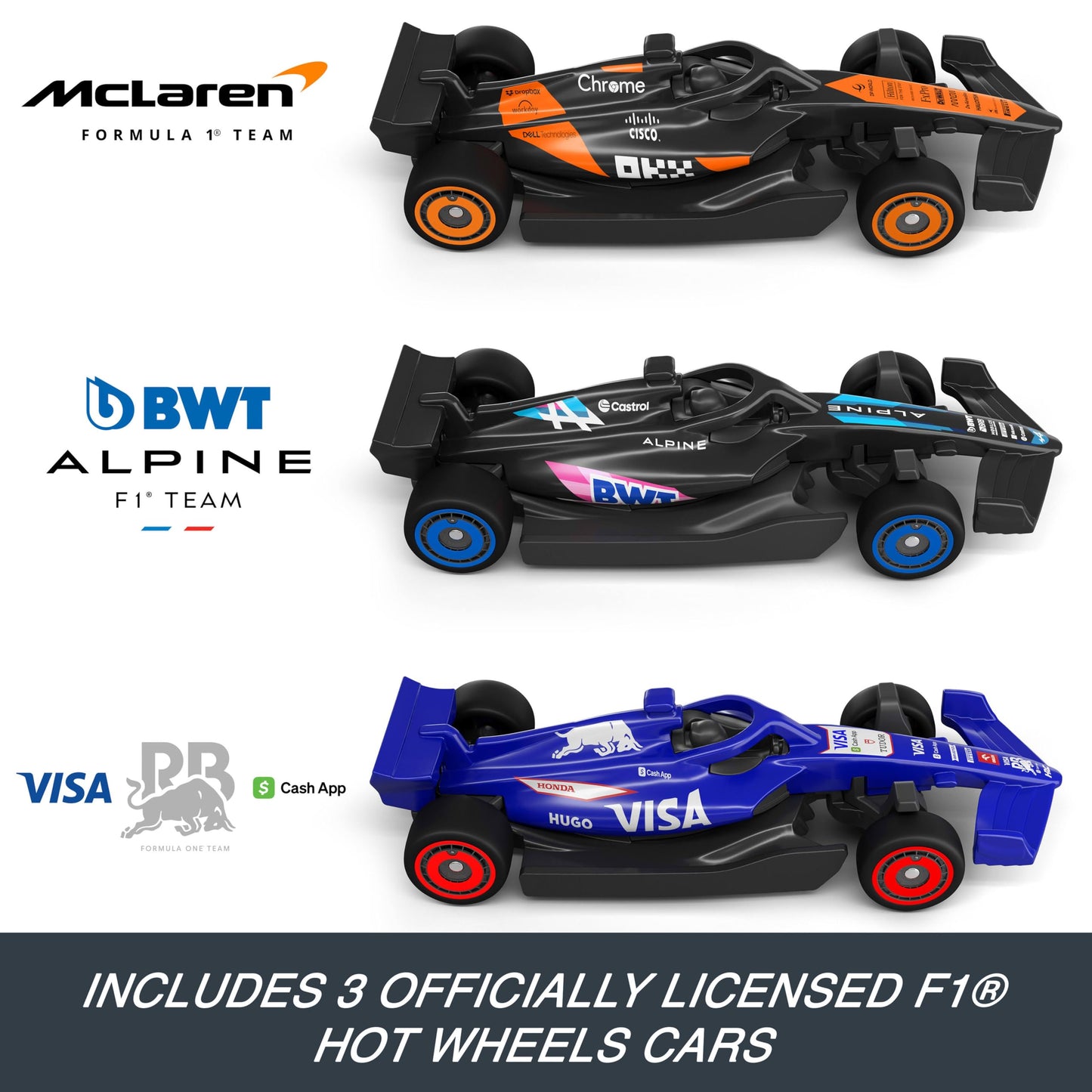 Hot Wheels Toy Car Track Set, 3 Formula 1 Die-Cast Vehicles in 1:64 Scale: McLaren F1 Team, Alpine & VCARB, Sprint Race Circuit (Teams May Vary), JDY15