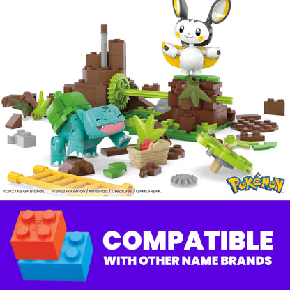 MEGA Pokémon Building Toys set featuring Emolga and Bulbasaur in a charming woods scene with 194 pieces and 2 poseable characters.