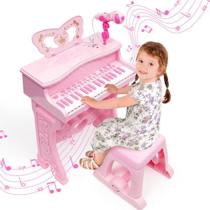 NUKied kids piano keyboard with 37 pink keys, detachable legs, microphone, and stool, suitable for toddlers and young children.