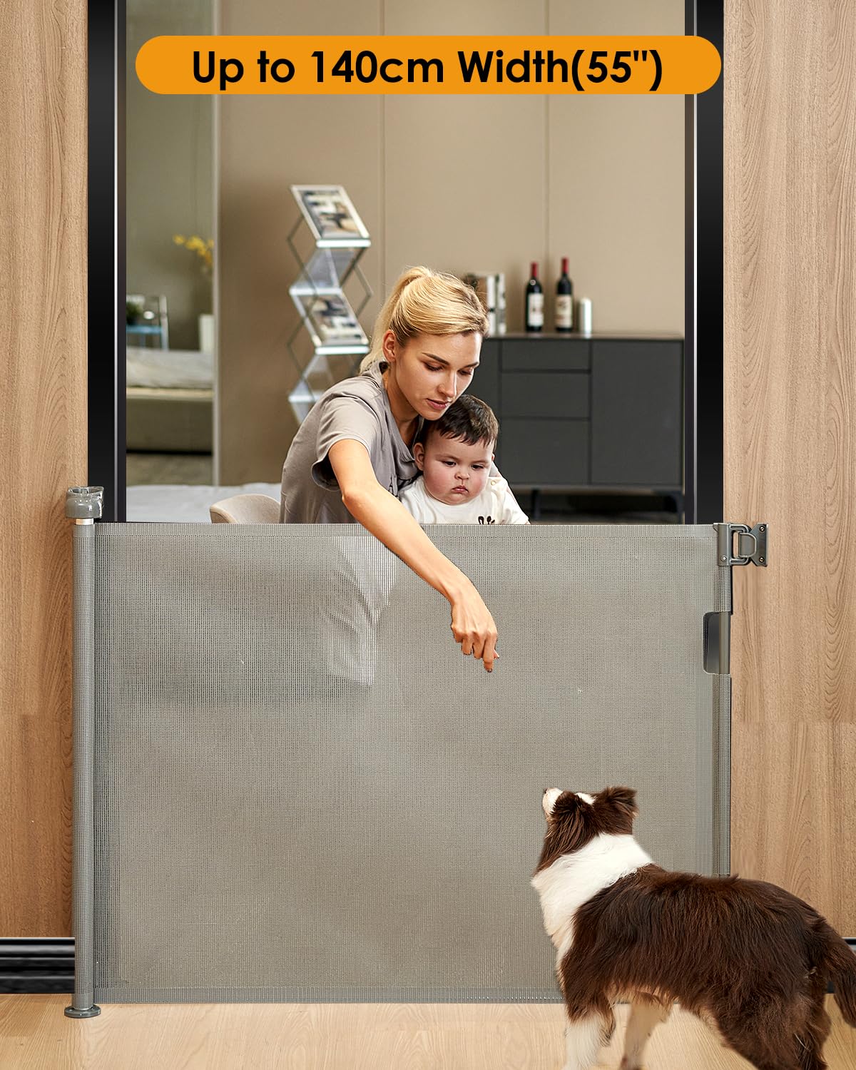 derimkcoa retractable mesh baby and dog gate, 86cm tall, extends to 140cm wide, grey safety gate for doorways and stairs