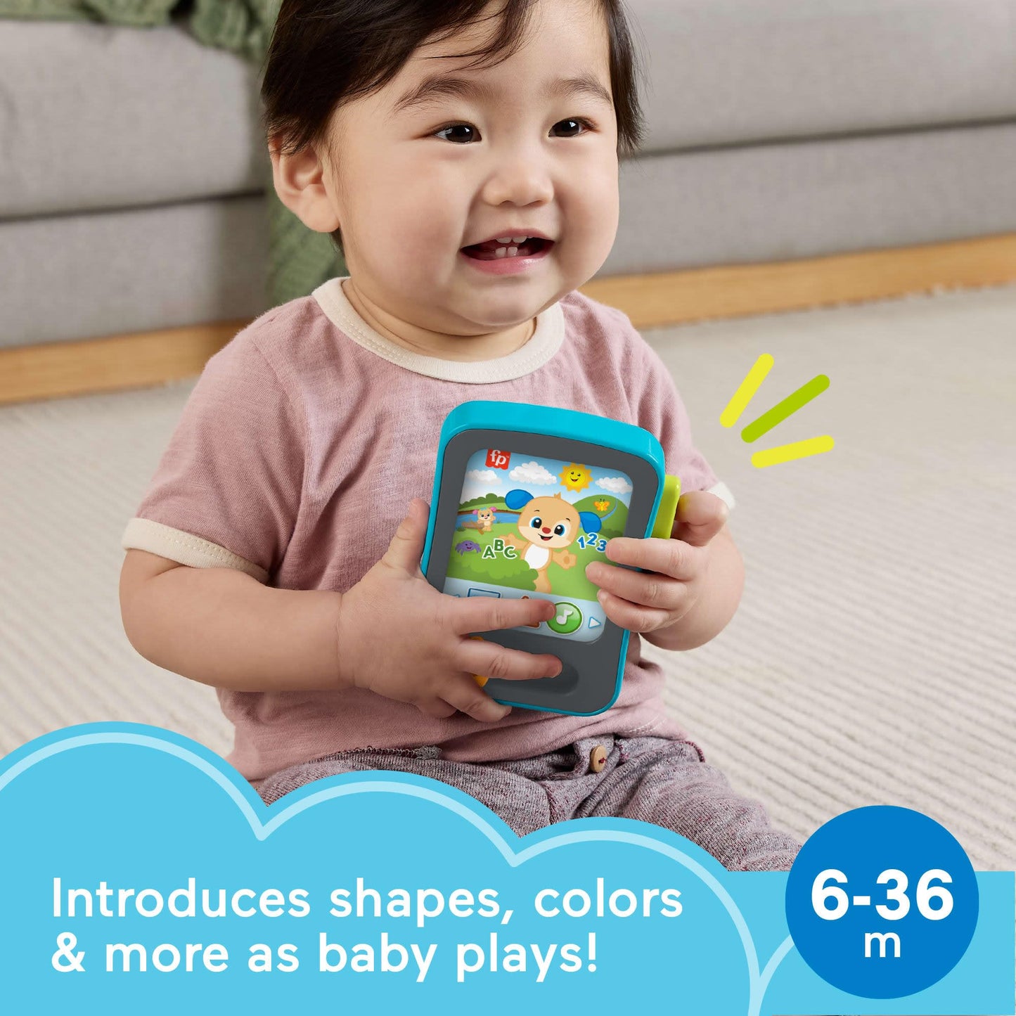 Fisher-Price Laugh & Learn Puppy’s Storytime Reader toy tablet with lights, music, and multilingual features for babies 6+ months.