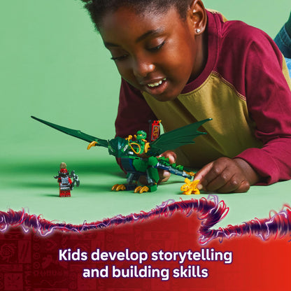 LEGO NINJAGO Lloyd’s Green Forest Dragon figure with two minifigures, building toy for imaginative play, suitable for ages 6 and up.