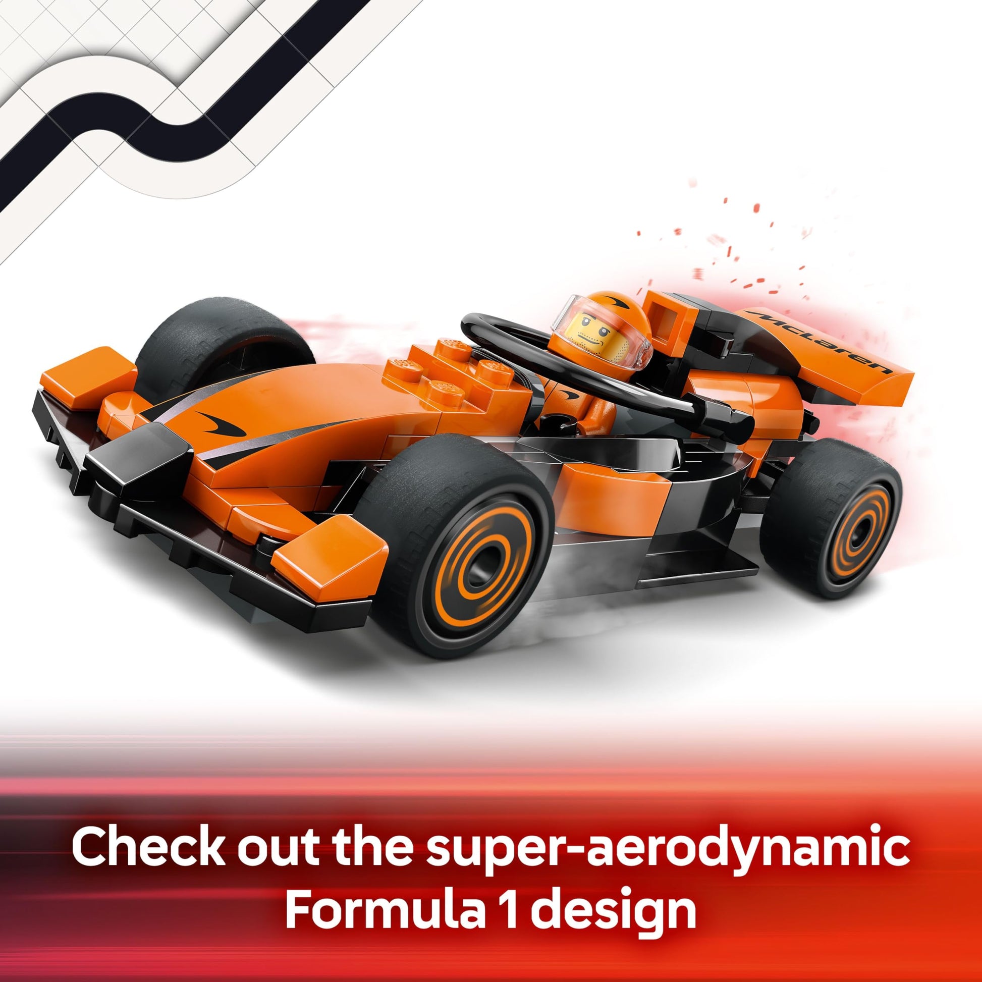 LEGO City F1 Driver minifigure beside a McLaren race car, showcasing a colorful Formula 1 building toy for kids and fans.