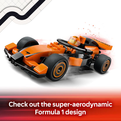 LEGO City F1 Driver minifigure beside a McLaren race car, showcasing a colorful Formula 1 building toy for kids and fans.