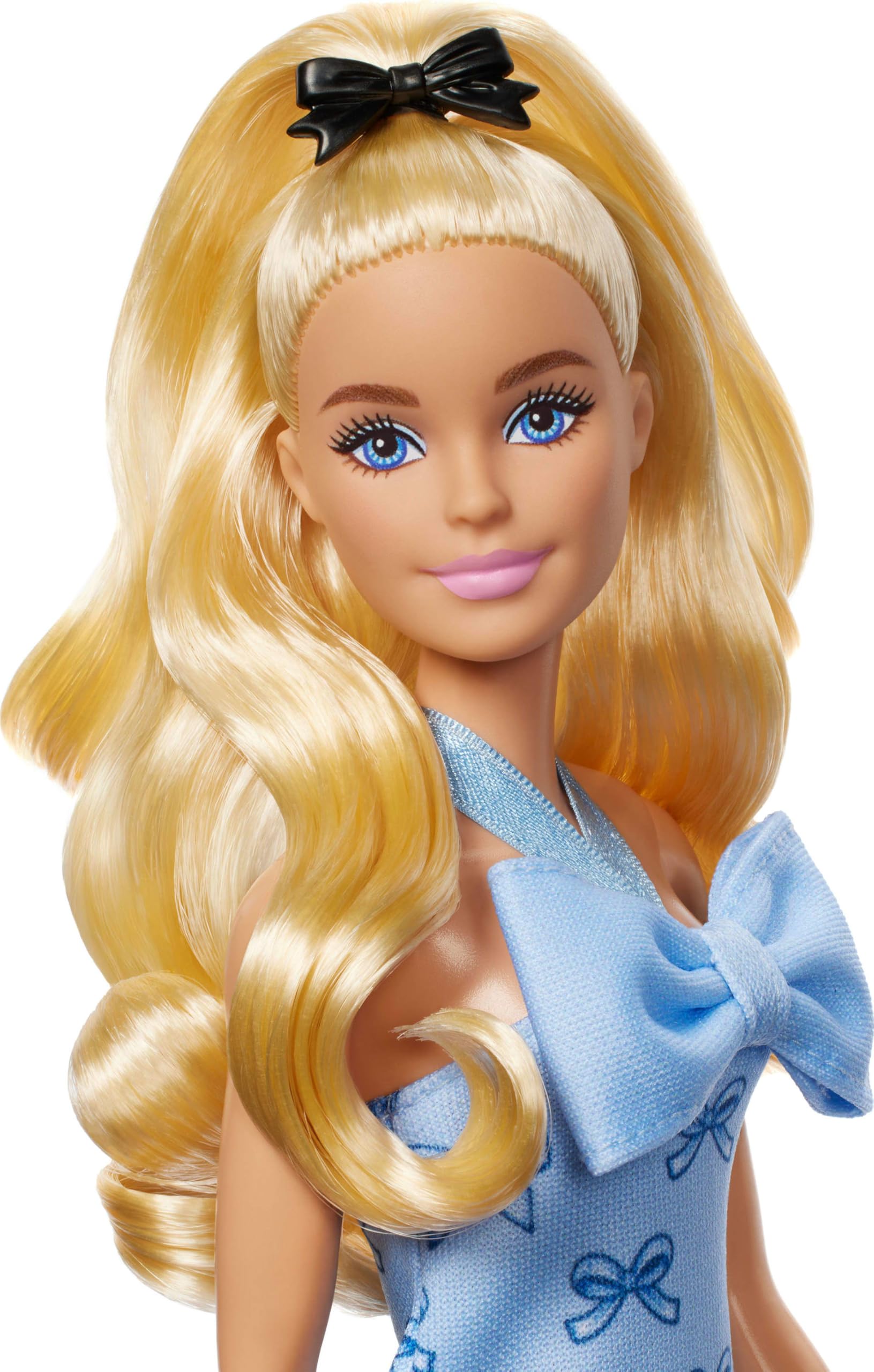 Barbie Fashionistas Doll #237 with wavy blonde ponytail in blue bow halter dress and matching blue heels.
