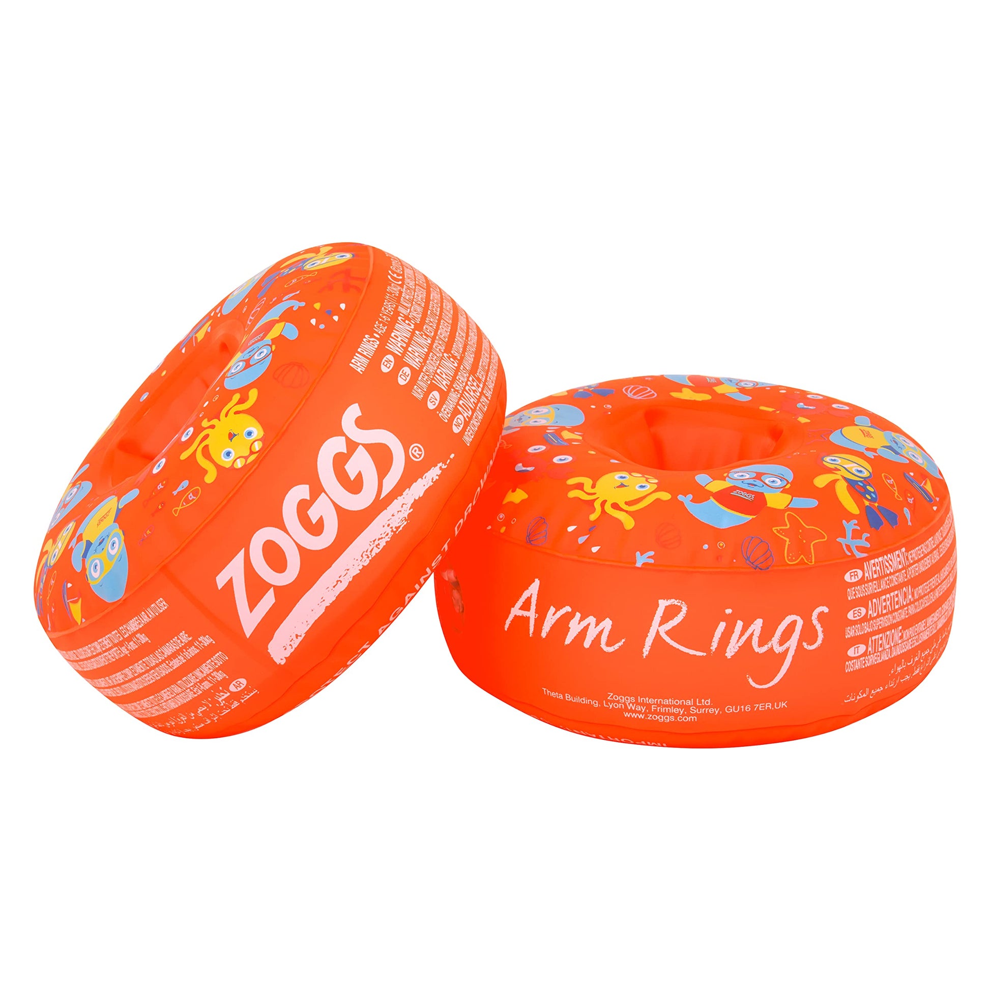 Zoggs orange and multi swimming armbands for kids aged 1-6 years, featuring dual buoyancy for safety in water activities.