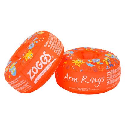 Zoggs orange and multi swimming armbands for kids aged 1-6 years, featuring dual buoyancy for safety in water activities.
