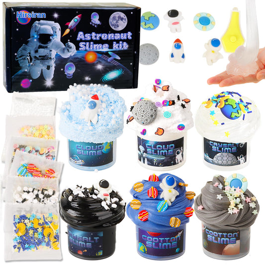 Hirsrian 6-pack slime making kit with fluffy, non-sticky cloud slimes and fun accessories, including starry sky clear and crunchy slime for kids.