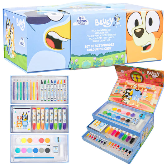 Bluey Art Set for Kids Colouring Pencils Paints Felt Tip Pens Crayons Stationery Crafts Girls Boys Art Supplies Preschool Travel 40 Plus Pcs Gift Set (Blue 3 Tier)