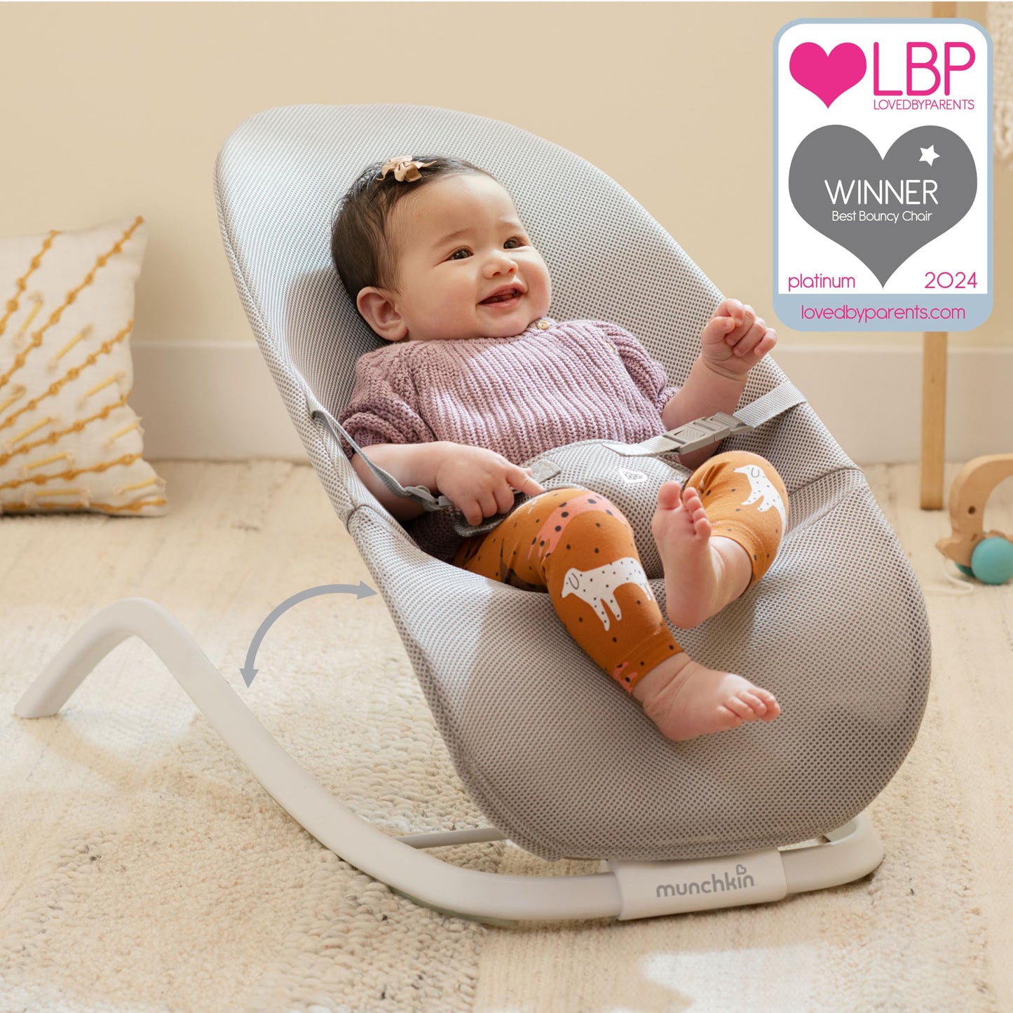 Munchkin 2-in-1 Spring Baby Bouncer Rocker - Gentle Swing from Birth to 9kg (20lb). Rocker with 3 Recline Positions, Lightweight Bouncer Chair, Folds Flat for Easy Storage & Travel, Grey
