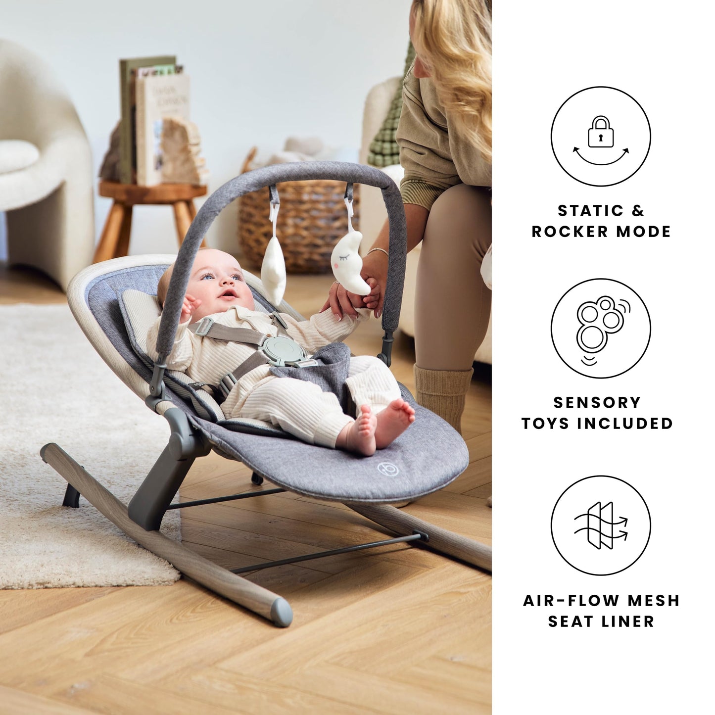 Ickle Bubba Stella baby bouncer and rocker with adjustable seat, removable toy bar, washable fabric, lightweight frame, and three recline positions.