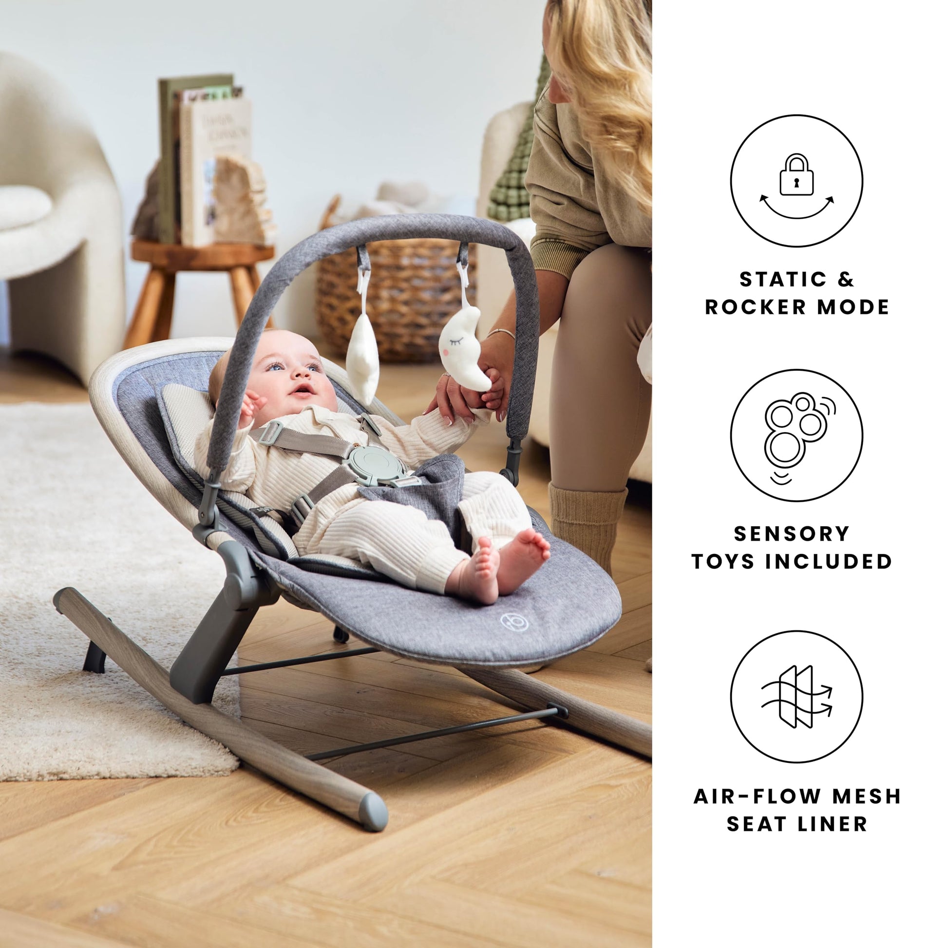 Ickle Bubba Stella baby bouncer and rocker with adjustable seat, removable toy bar, washable fabric, lightweight frame, and three recline positions.