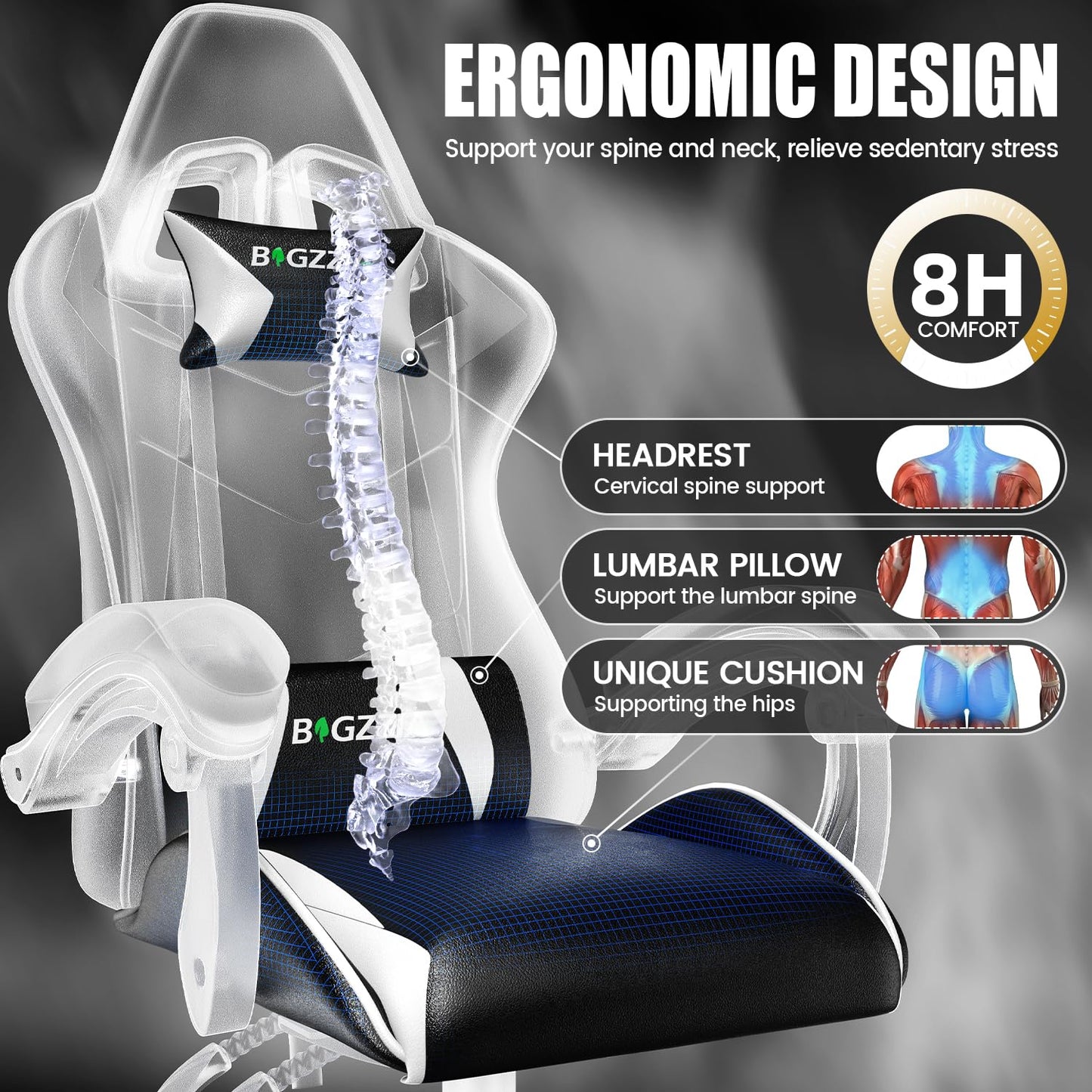 White bigzzia gaming chair with ergonomic design, cushioned seat, reclining back support, and swivel heavy-duty office desk chair