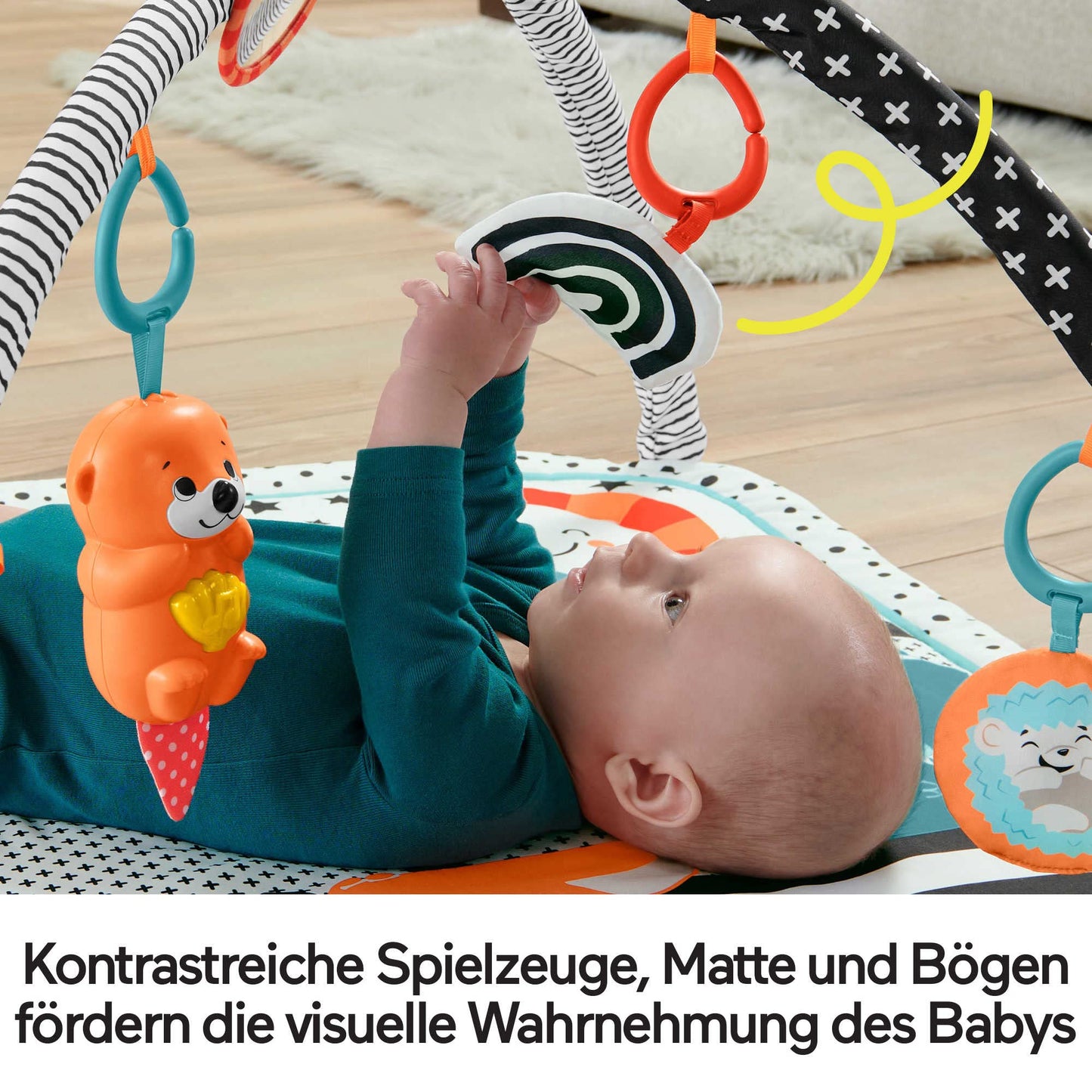 Fisher-Price 3-in-1 baby gym with colorful sensory toys, lights, sounds, and a music glow for tummy time and developmental play.