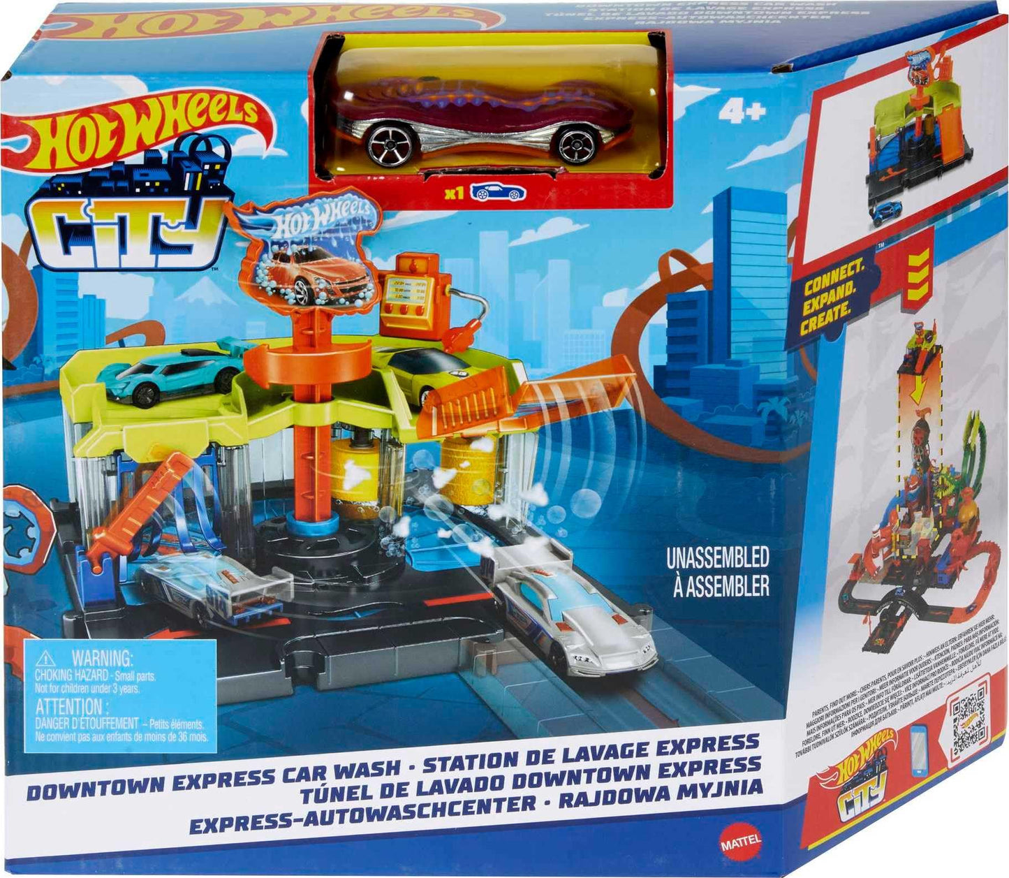 Hot Wheels City Downtown Express Car Wash Playset with foam roller, drying flaps, and 1:64 scale vehicle.