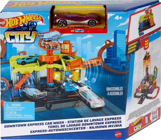 Hot Wheels City Downtown Express Car Wash Playset with foam roller, drying flaps, and 1:64 scale vehicle.