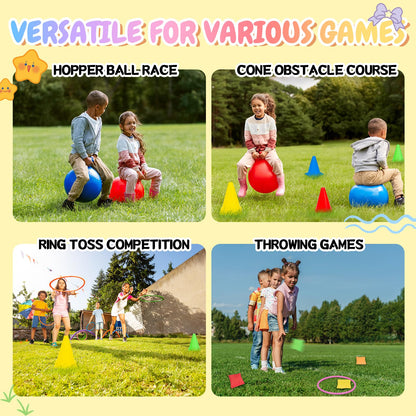 35PCS 4 in 1 Carnival Outdoor Games Combo Set for Kids, Soft Plastic Cones Bean Bags Ring Toss Game, Activity Agility Set with 2 PCS 18" Hopper Balls, Birthday Party Yard Lawn Games