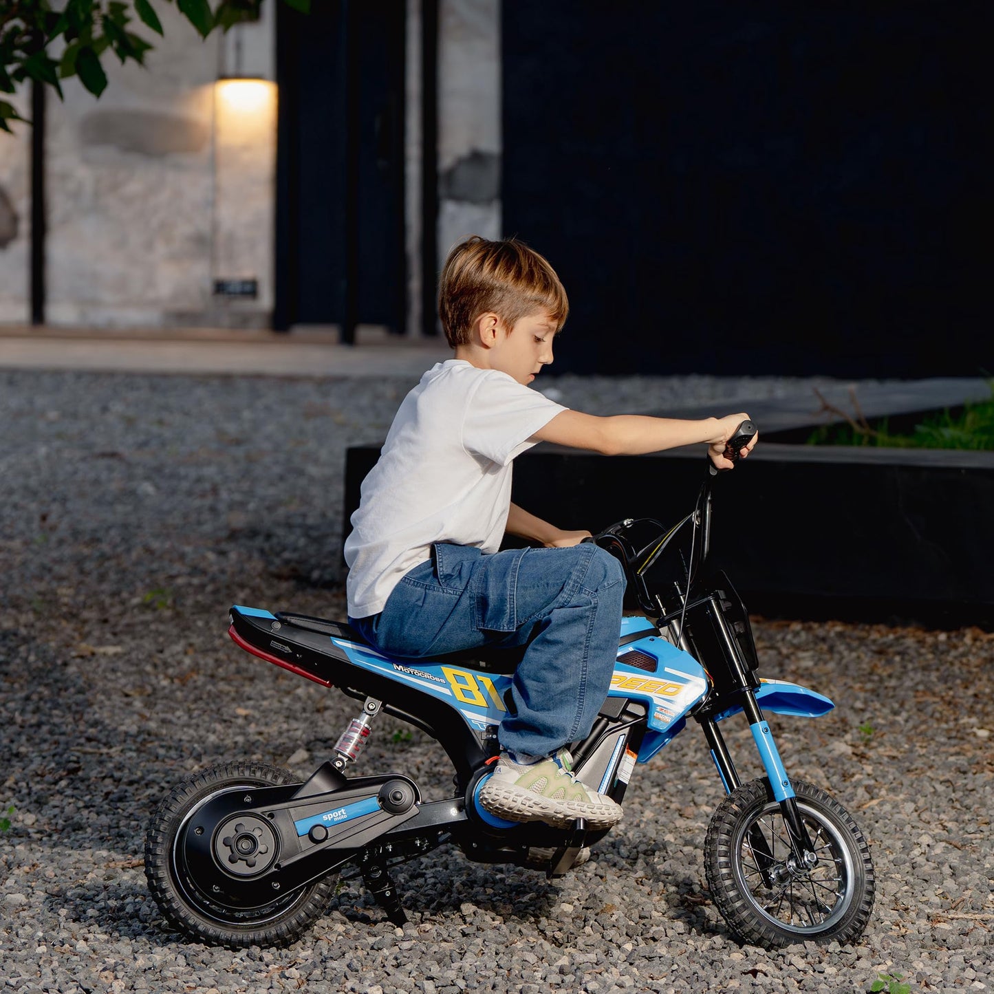 AIYAPLAY kids electric motorbike with 24V battery, 250W motor, 12-inch inflatable tires, rear suspension, blue ride-on dirt bike