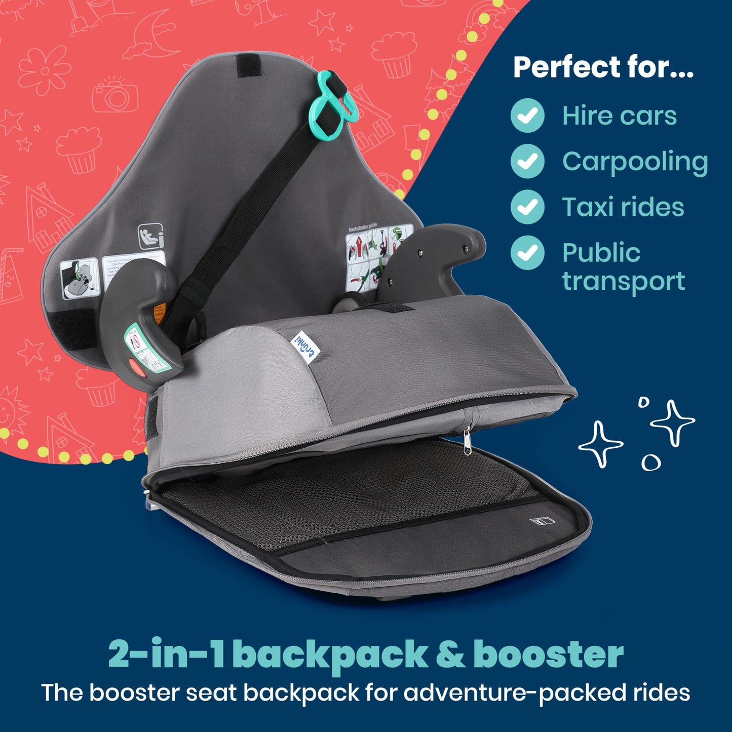Trunki BoostApak Booster Seat & Kids Backpack - i-Size Travel Car Seat, 8 L Carry-On Approved Kids Rucksack & Car Booster (126-150 cm) - Grey