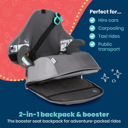 Trunki BoostApak Booster Seat & Kids Backpack - i-Size Travel Car Seat, 8 L Carry-On Approved Kids Rucksack & Car Booster (126-150 cm) - Grey
