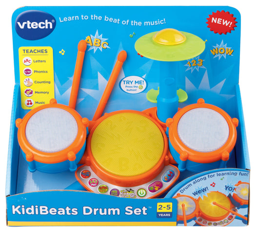 VTech Kidibeats drum set with colorful drums, cymbals, and drumsticks for kids, designed for interactive musical play