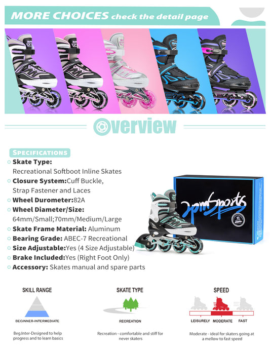 2pm Sports mint adjustable inline skates for boys and girls, stylish beginner roller skates with a sleek design for small sizes.