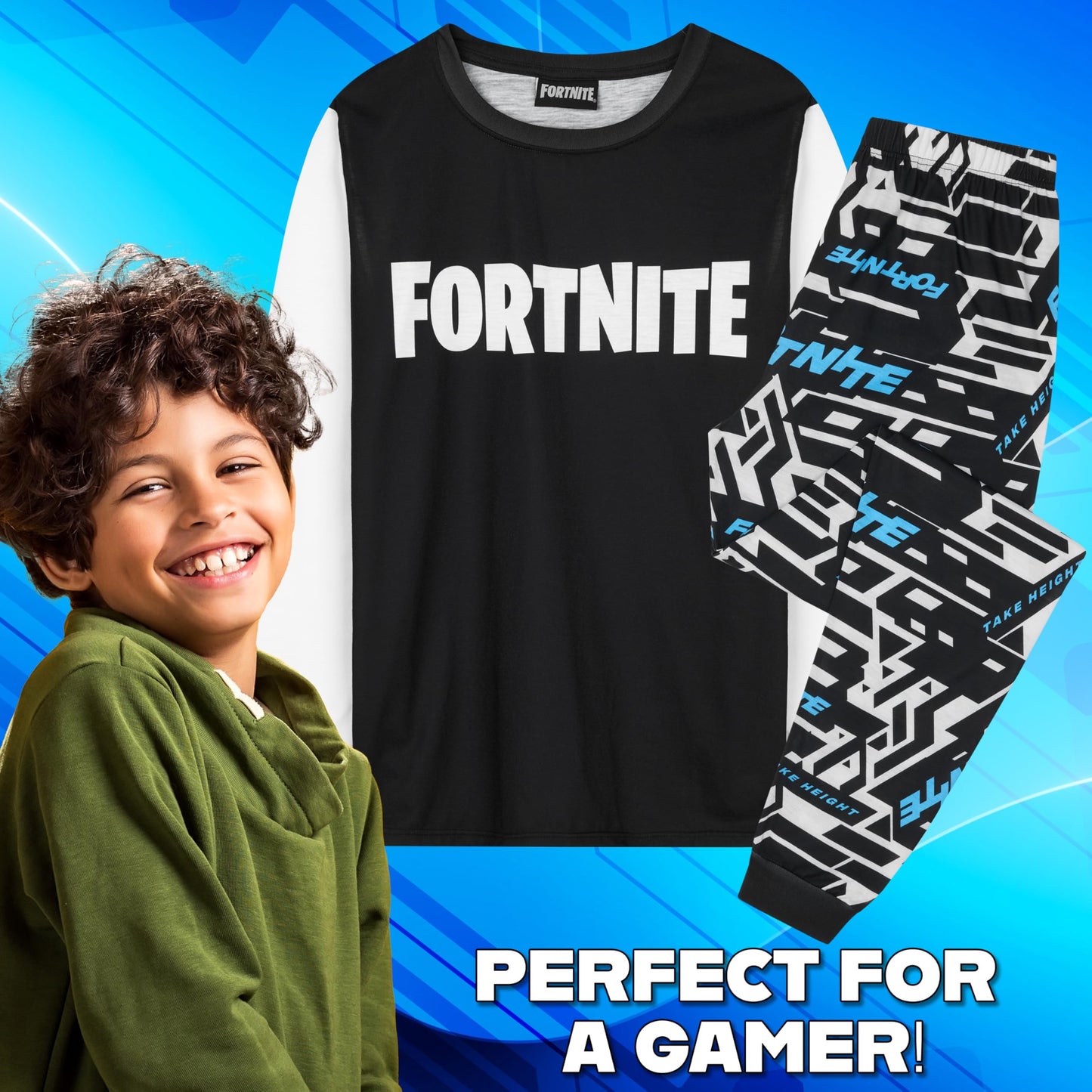 Get Trend Fortnite Boys Pyjamas Set, Long PJs for Kids & Teenagers, Cosy Loungewear Soft Nightwear, Gamer Gifts for Boys (15-16 Years, Blue/White Fortnite)