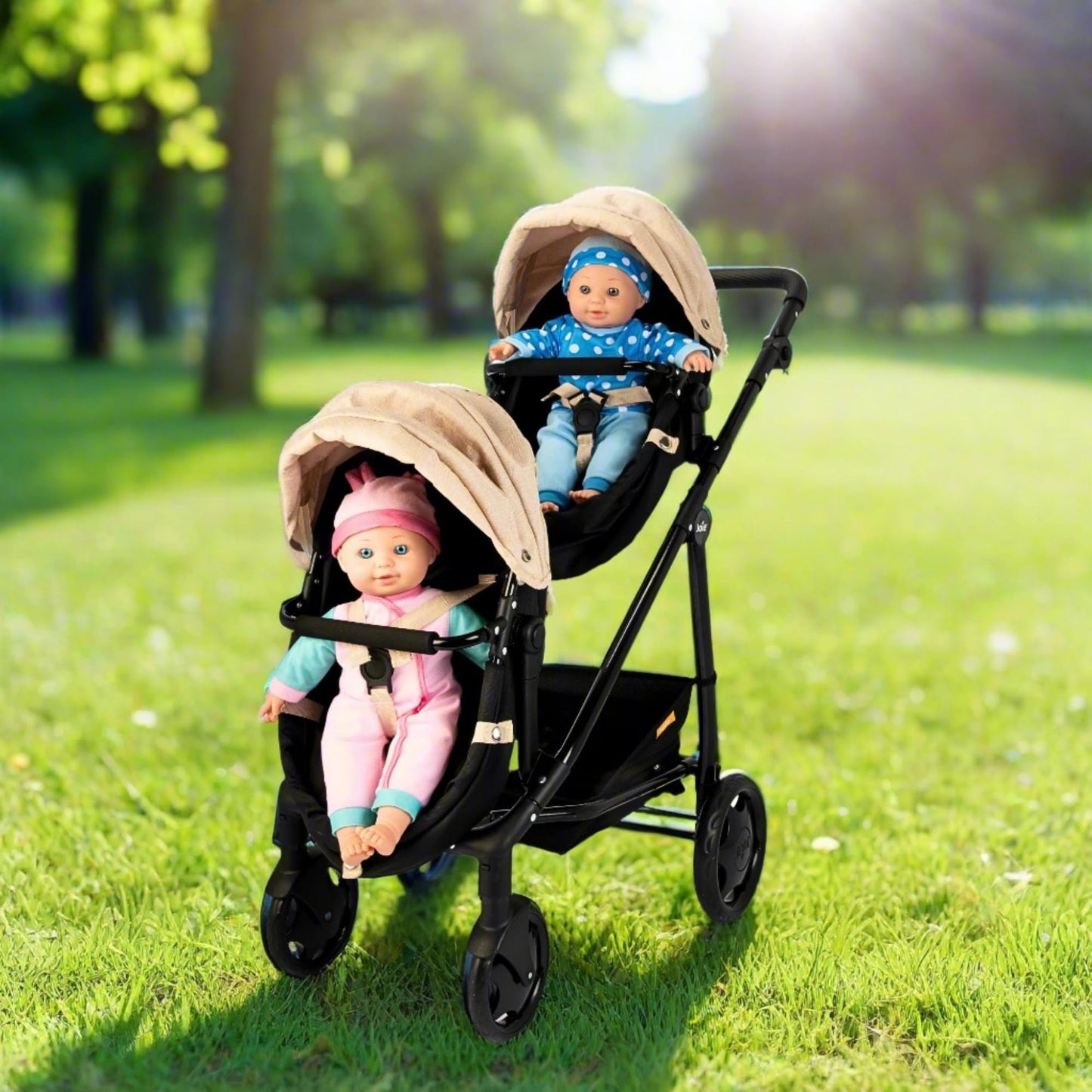 Joie Junior Evalite Twin Pushchair | Stone & Black Double Pushchair | Double Dolls Pram with Adjustable Height Handle And Multiple Seat Options | Suitable For Ages 3+