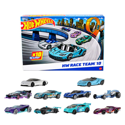 Hot Wheels 10-pack of toy race cars featuring 1:64 scale Corvette, Lamborghini, McLaren, and assorted styles.