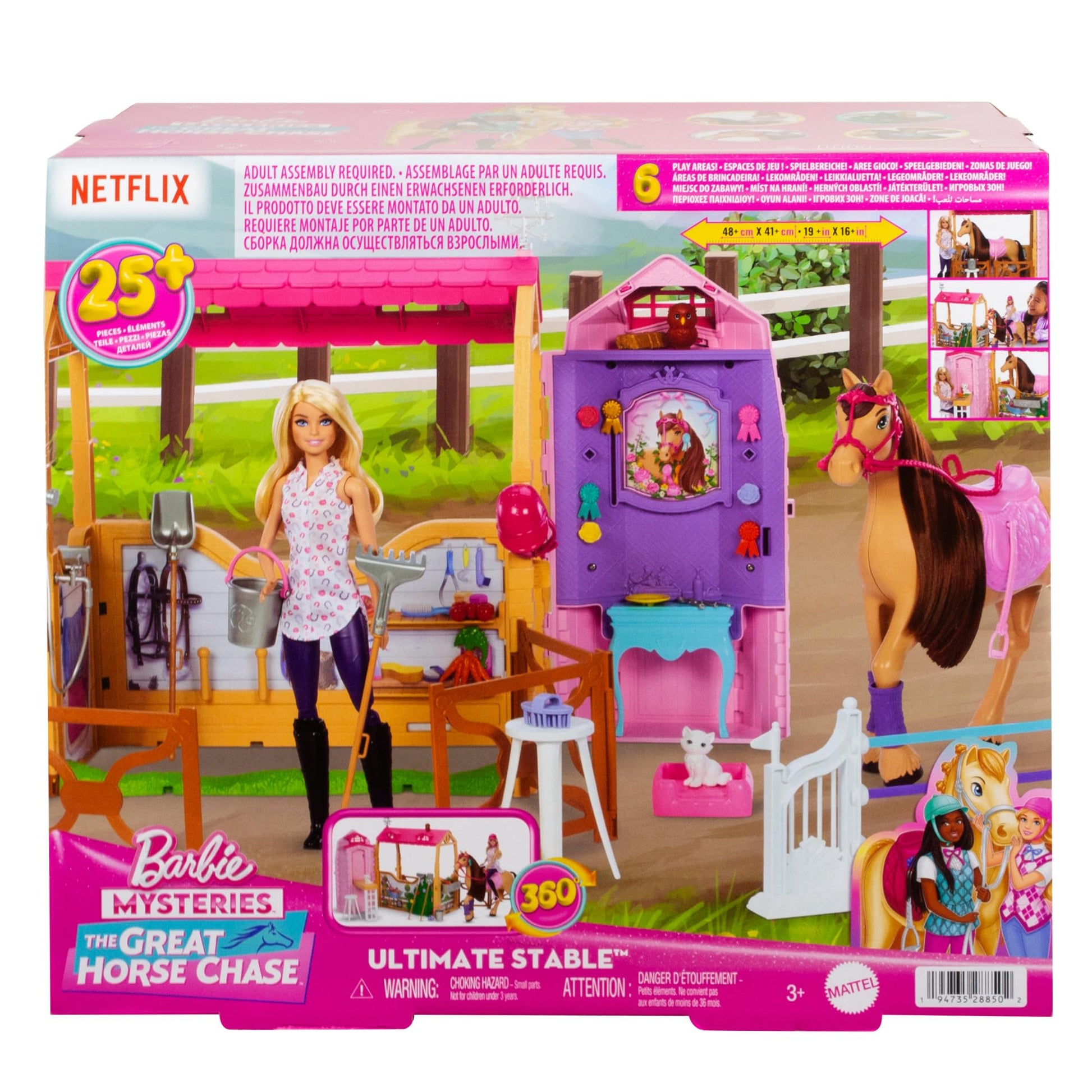 Barbie toy stable playset with doll, horse, and accessories, featuring 25+ pieces and six play areas from Barbie Mysteries series.